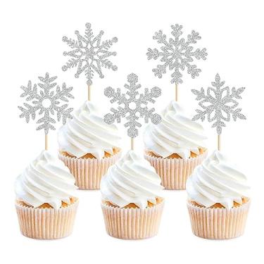 Imagem de Cyodoos 25PCS Snowflake Cupcake Toppers Glitter Winter Frozen Theme Snowflake Cupcake Picks for Winter Wonderland Baby Shower Kids Birthday Christmas Party Cake Decorations Supplies Silver