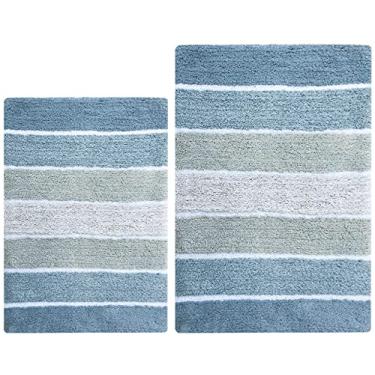 Imagem de Chardin Home – 100% algodão puro – Conjunto de tapetes de banho listrados cordurais (60 x 101 cm e 53 x 86 cm) com revestimento antiderrapante em spray de látex, Contemporâneo, Blues, 1