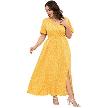 Imagem de KOJOOIN Vestido longo feminino plus size com mangas esvoaçantes, cintura império, fenda lateral, evasê, vestido casual, Flor amarela, XGG