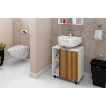 Imagem de Gabinete Banheiro Pequin em Madeira Branco Ripado p/ Lavatório de Colu