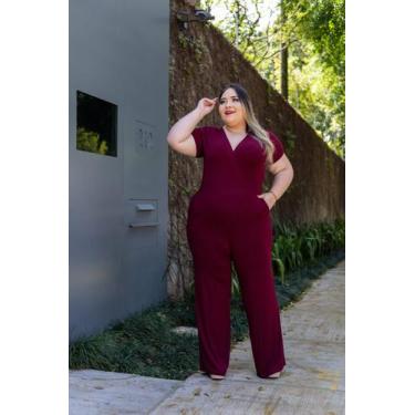 Imagem de Macacão Plus Size Decote em V com Manga e Bolso - luh may, Bordô, GG