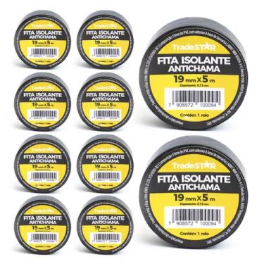Imagem de Kit 10 Rolos Fita Isolante Antichama 19mm X 5 Metros Preta - Tradestar