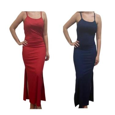 Imagem de Kit c/2 Vestidos Longo Canelado com Fenda - Empório J, Vermelho, Marin