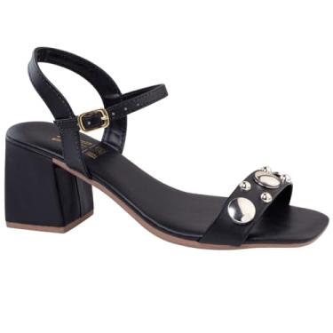 Imagem de Sandália Feminina Via Angel, Salto Bloco Médio, Couro Sintetico com Enfeites Metálicos, 8601 (Preto, BR, Adulto, Numérico, 34)