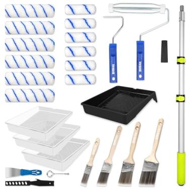 Imagem de Rhibak Kit de rolo de pintura com haste de extensão, moldura de rolo de tinta, bandejas de tinta, raspador para pintura profissional, rolo de pintura doméstica para todas as tintas e manchas de látex
