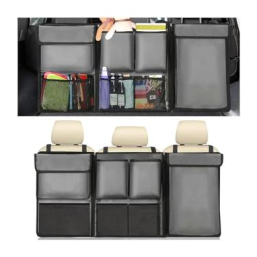 Imagem de BESULEN Organizador de porta-malas de carro, bolsa de carga suspensa com bolsos grandes, zíper removível para armazenamento traseiro do assento com tampas, equipado com rede elástica, especialista em economia de espaço dobrável para carro, SUV, van (cinza)