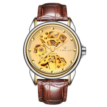 Imagem de RORIOS Relógios mecânicos para casais masculino e feminino relógio de pulso automático de aço inoxidável minimalista relógio de pulso com corda automática relógio esqueleto luminoso dourado marrom A,