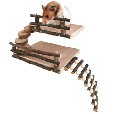 Imagem de Brinquedos de escalada de hamster de 2 camadas, plataforma de atividades de madeira com ponte, hamster, maçã, madeira, brinquedos para mastigar para gerbos anões, pequenos animais de estimação