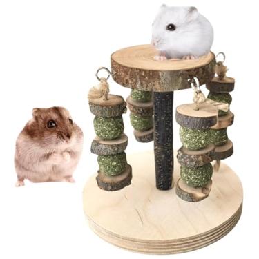 Imagem de Copfeu Brinquedos para mastigar hamster, plataforma de hamster, brinquedos mastigáveis para dentes, hamster anão, blocos de mastigar ramo de maçã com bolas de grama para animais de estimação pequenos