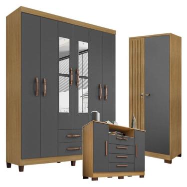 Imagem de Guarda Roupa Casal Modena  com Espelho 6 Portas e Cômoda Madri Armário Multiuso Versatile Carvalho Americano Grafite - Incorplac