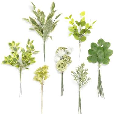 Imagem de Serra Flora Conjunto de caixa de hastes de vegetação artificial, (pacote com 42 peças) com 7 tipos de enchimento verde rosa falso para buquês de noiva e arranjos florais de mesa de mesa