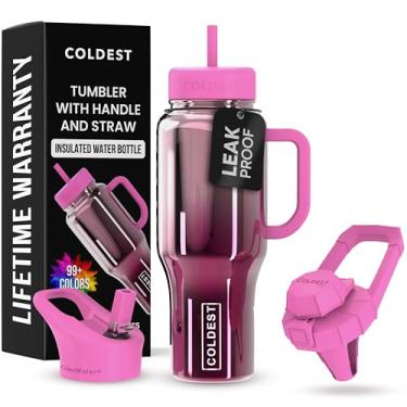 Imagem de Copo Coldest com alça e canudo - Copo 100% à prova de derramamento com canudo (3 tampas) - Copos isolados de aço inoxidável à prova de vazamento para mulheres e homens - Adequado para porta-copos