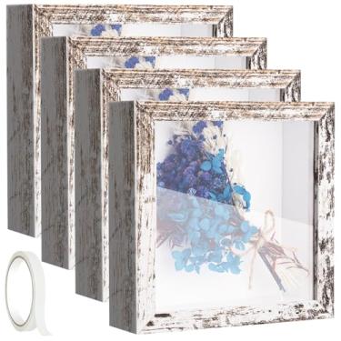 Imagem de Pacote com 4 caixas de sombra, 5 x 5, caixas de sombra, expositores, porta-retrato memorial, moldura 3D, com fita adesiva para lembrança, buquê de casamento, artesanato, medalhas, ingressos e fotos