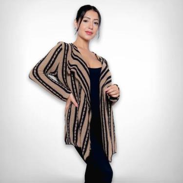 Imagem de Kimono Blusa Cardigan Tricot Inverno Listrado Feminino - Swiss Boutiqu