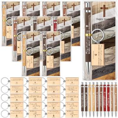 Imagem de Spakon 120 peças de presentes cristãos para o Dia dos Pais, 40 canetas de bambu com versículo da Bíblia, 40 chaveiros de igreja, 40 marcadores e bolsas de cruz para igreja religiosa, presente de