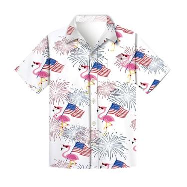 Imagem de Regenboog Camisa masculina patriótica de 4 de julho, estampa da bandeira dos EUA, camisa de botão de manga curta, camiseta masculina havaiana neon divertida de praia, Flamingos, 3G