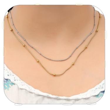 Imagem de Colar feminino de prata de ouro 14 k, não mancha, delicado, moderno, banhado a ouro, gargantilha hipoalergênica, com pingente em camadas, conjunto de joias, presentes para mulheres