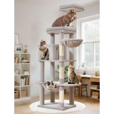 Imagem de Taoqimiao MS042W Árvore para gatos, grande torre para gatos de 167 cm com postes para arranhar, plataforma grande e luxuosa para gatos grandes com rede macia, cesta ajustável, cando de luxo para gatos