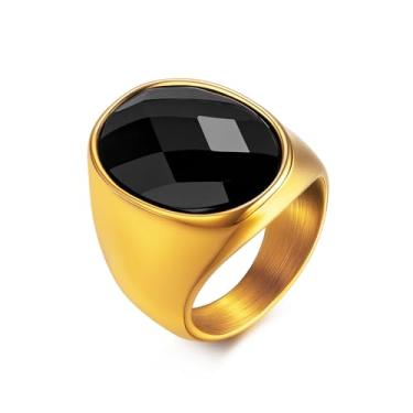 Imagem de Anel de cristal preto grande facted, aço inoxidável banhado a ouro 14K em forma de olho, pedra grossa, anel de declaração, coquetel, presente para homens, Metal, Cristal