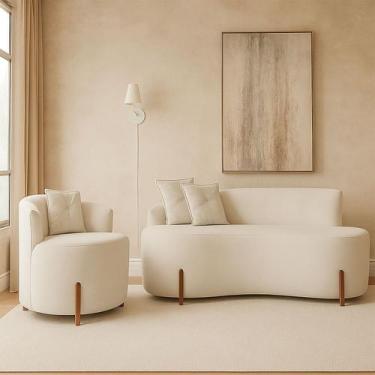 Imagem de Kit Sofá Orgânico Feijão Com Poltrona Pé De Madeira Bouclé Minimalista