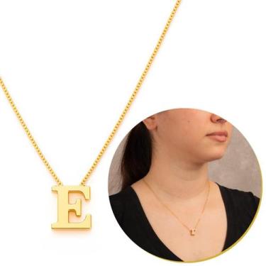 Imagem de Corrente Colar Veneziana Feminina Banhado Letra E Pingente Inicial Nom