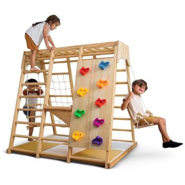 Imagem de Playground Interno Avenlur Magnolia 6-em-1, Estilo Montessori Waldorf, com Escorregador, Parede de Escalada, Rede, Barra de Macaco e
