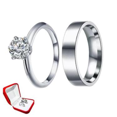 Imagem de Aliança Namoro Reta Prata 6mm Casal + Anel Solitário 2mm Pedra Branca 