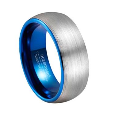 Imagem de QUEENWISH Aliança de casamento masculina de tungstênio escovado azul de 8 mm para ele e ela, joia feminina com cúpula infinita, Carboneto de tungstênio, Sem pedra preciosa