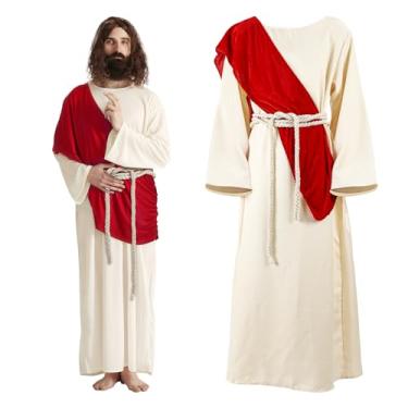 Imagem de Pigmiss Conjunto de fantasia masculina de Jesus Cristo adulto com cachecol na cintura, roupão grego antigo, fantasia missionária medieval, Páscoa, Halloween, P