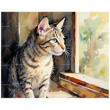 Imagem de Kit de pintura de gato para janela por números para adultos - DIY gato malhado olhando para fora pintura em tela 40,6 x 50,8 cm, conjunto de tinta acrílica, adequado para iniciantes, arte de animais