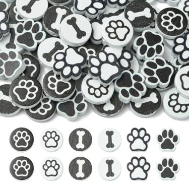 Imagem de UR URLIFEHALL 60 peças, 6 estilos de contas de madeira de osso de pata de cachorro, preto e branco, contas espaçadoras de pegada de cachorro para fazer joias faça você mesmo, decoração de casa, festa