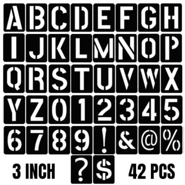 Imagem de Kit de 42 peças de estênceis de letras reutilizáveis de 7,6 cm para pintura – Modelos de alfabeto e números PP duráveis com símbolos para madeira, parede, tecido, projetos de arte DIY, artesanato