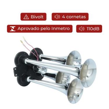 Imagem de Buzina Ar 4 Cornetas Turbinada 12v24v Metal Cromada Caminhão - Bratus