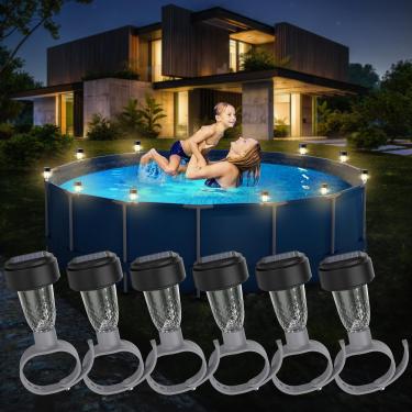 Imagem de VICHTOP Luzes solares para piscina – pacote com 6, luz de piscina para piscinas acima do solo emolduradas, acessórios de decoração de cerca de piscina externa, luzes solares de LED à prova d'água