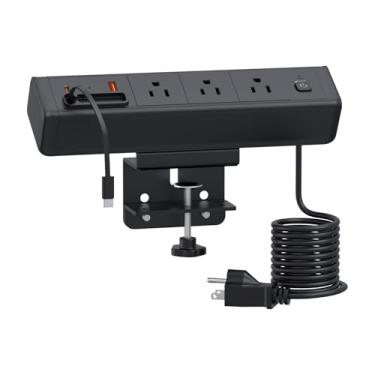 Imagem de Faixa de alimentação com braçadeira de mesa com 1 cabo USB C retrátil PD20W, estação de carregamento para mesa de cabeceira, 1 PD20W USB-C&1 USB-A e 3 CA, cabo de extensão de 2 metros para salas de