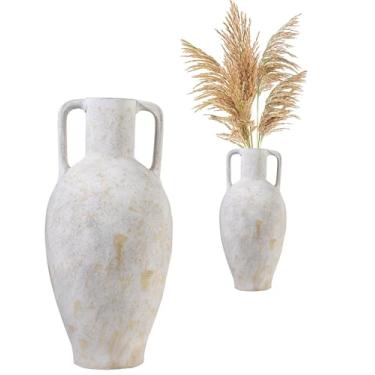 Imagem de UPWOIGH Vaso de cerâmica grande de 52 cm com 2 alças, pote de cerâmica rústica bege e amarelo com acabamento preto envelhecido, decoração de piso boho para casa, entrada, canto, sala de estar