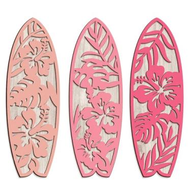Imagem de 3 peças de decoração de prancha de surfe de hibisco para quarto decoração de parede de praia de madeira de verão placa de surf para decoração de sala de estar tropical, 10 cm C x 30 cm x 3 cm (rosa)