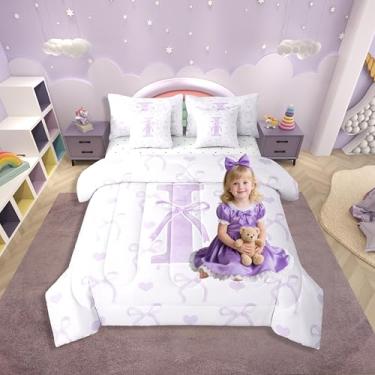 Imagem de Erosebridal Conjunto de cama de casal de 7 peças, conjunto de edredom feminino com arco e lençol com letra inicial do alfabeto A-Z em uma bolsa, roxo I