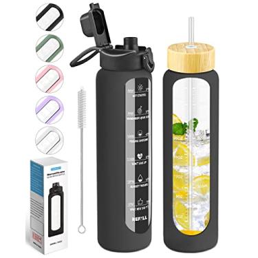 Imagem de Nefeeko Garrafas de água de vidro de 946 ml com canudo, marcador de tempo, motivacional 1 litro livre de BPA, garrafa de água de vidro reutilizável à prova de vazamento com manga de silicone, bambu