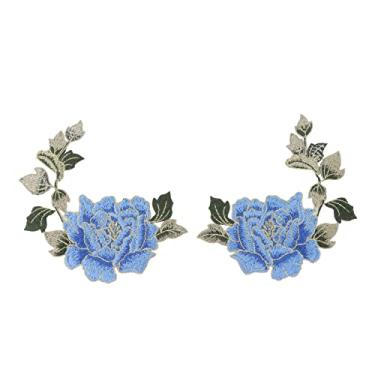 Imagem de Adesivos de Tecido Bordado, 1 par de Lindos Padrões de Flores Bordados Apliques de Ferro Em Remendos Faça você Mesmo Remendos de Bordado de Flores para Roupas Faça você Mesmo (Azul)