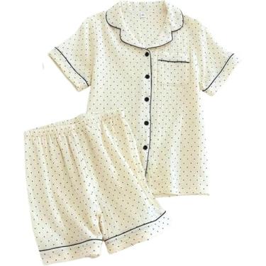 Imagem de Pijamas Para Mulheres Algodão Verão Mulheres Pijamas Polka Print Pijamas Shorts De Manga Curta Feminina Conjunto De 2 Peças, Beige, L