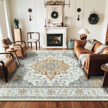 Imagem de RELEANY Tapete quadrado quadrado de 2,4 m, lavável, antiderrapante, floral, vintage, estampado, medalhão para sala de estar, quarto, sala de jantar, amarelo claro, cinza carbono laranja