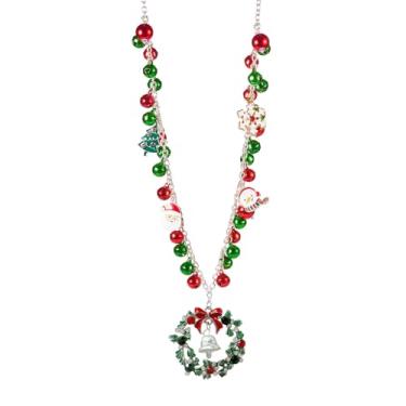 Imagem de Guirlanda de Natal com pingente de sino vermelho e verde fofo para mulheres - Pingentes de Papai Noel, árvore de Natal, boneco de neve, floco de neve, corrente ajustável, joias modernas, acessórios de