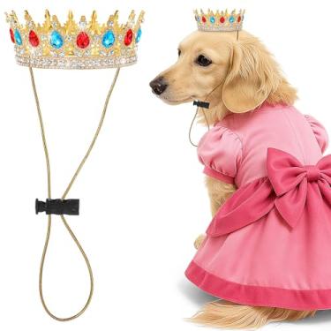 Imagem de Abbylike Coroa de princesa de estimação para fantasia de Halloween rosa com alça ajustável ouro glitter strass coroa chapéu para cães gatos festa de aniversário, celebração de adoção, adereço de fotos