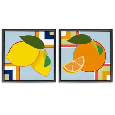 Imagem de Stupell Industries Conjunto geométrico de tela flutuante com moldura preta de frutas cítricas, design de Daniela Santiago, 45,7 x 45,7 cm