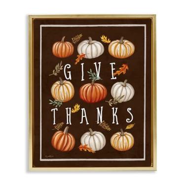 Imagem de Stupell Industries Give Thanks with Varied Pumpkins Arte de parede em tela flutuante emoldurada dourada, design por Elizabeth Tyndall, 53 x 43 cm