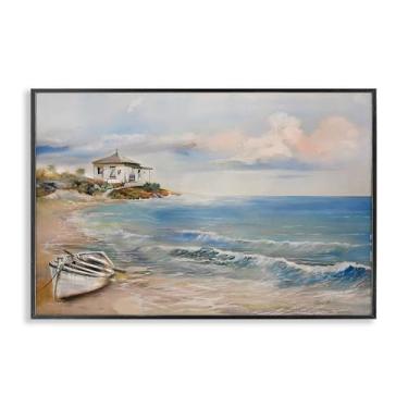 Imagem de Stupell Industries Arte giclée emoldurada em preto com cenário de barco a remo da costa, design de Ruane Manning, 40,6 x 61 cm