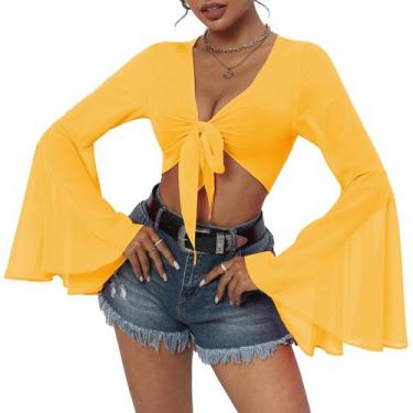 Imagem de Blusa curta de malha Bell Sleeve amarela para mulheres tamanho M - Cen