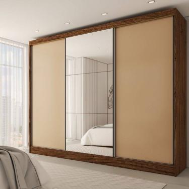 Imagem de Guarda-Roupa Casal Europa 3 Portas 4 Gavetas 100% Mdf com Espelho Castanho/Nude - Panorama Móveis