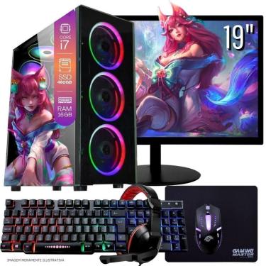Imagem de Computador PC Gamer Completo TOB Intel Core i7 SSD 480GB 16GB Teclado Mouse Mouse Pad e Headset Gamer Monitor 19” Windows 10 Pro Trial